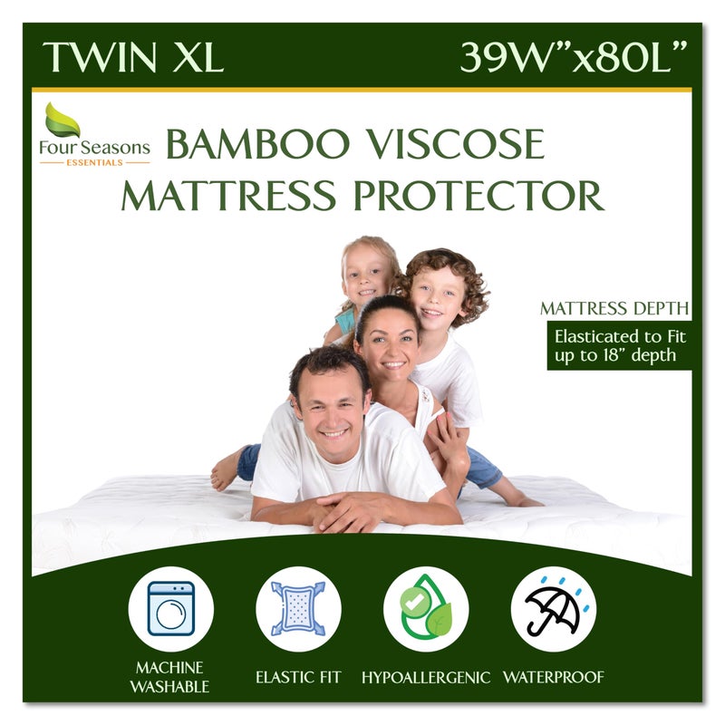 Four Seasons Essentials Twin Extra Long (XL) Size Waterproof Mattress Protector - Cooling Viscose derived from Bamboo Fitted Sheet Mattress Cover - Quilted Jacquard Pad Protects from Dust Allergens - Image 1